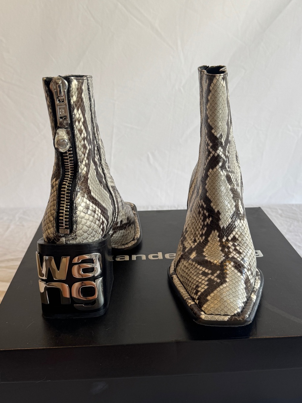 Alexander Wang Snake-Print Ankle Boots in Black, Grey, Cream with Silver Logo